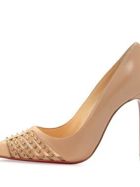 Christian Louboutin Bareta 100 Kid Nude Pointed Toe Studded Pump sz 40